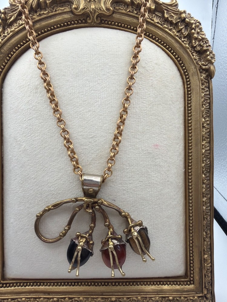 Vintage Artisan Modernist Pendant Necklace Mid Century Brass Wirework Cabochon S