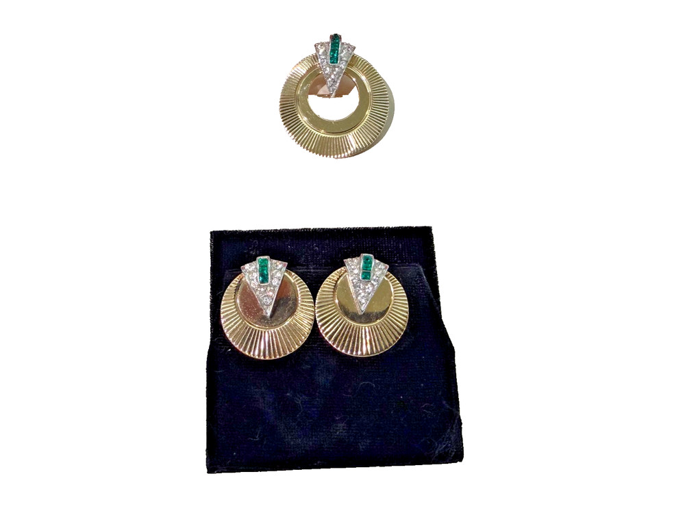 Vintage Boucher gold tone faux emerald and diamond earring and brooch set