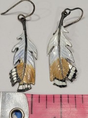 Vintage Silver Cloisonne Enamel Feather Dangle Drop Earrings Boho 1.5″