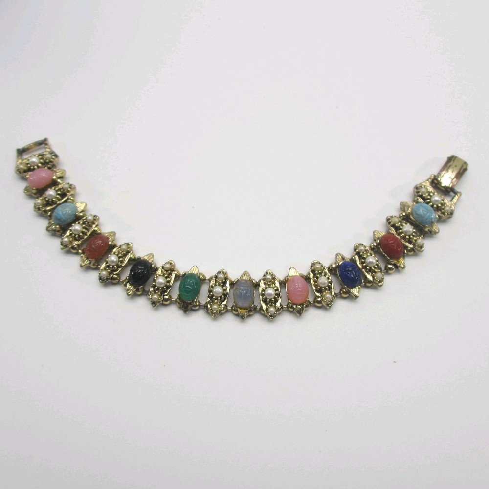 Vintage Egyptian Revival Bracelet Scarab Simulated Pearl CLASP METAL WEAR