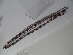 Triple Graduated Chain Necklace Purple green red black Bezel Set crystals vtg