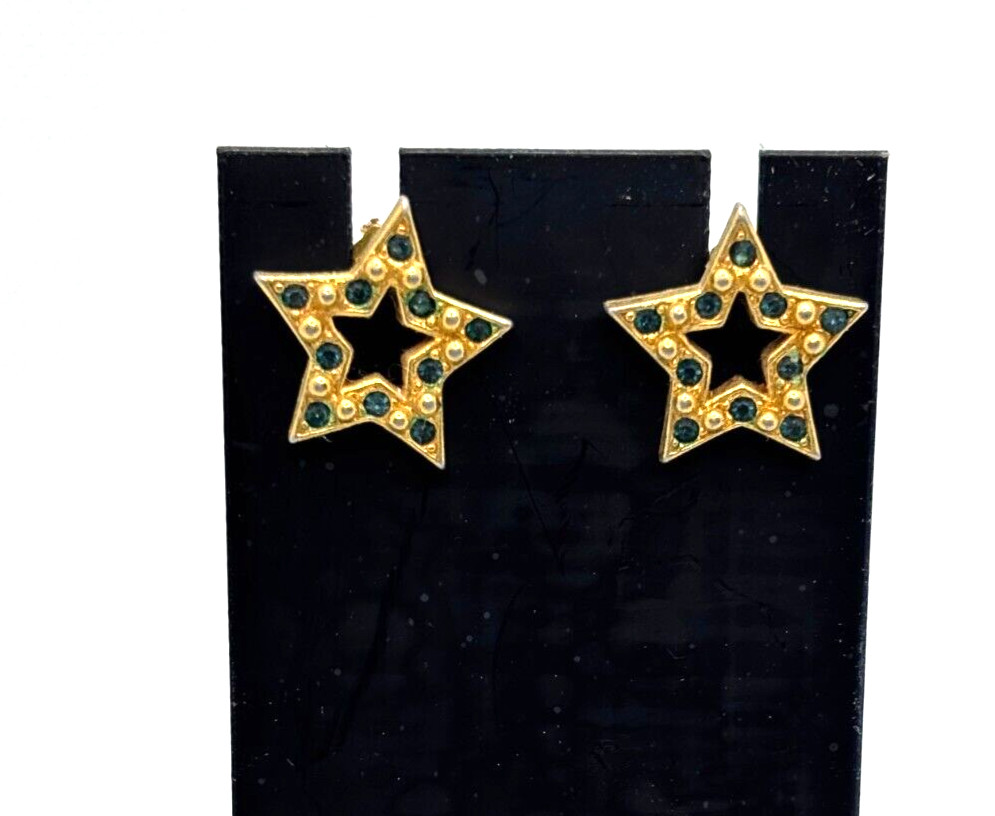 Vintage Avon Gold Tone Star Pierced Stud Earrings with Blue Inset Stones
