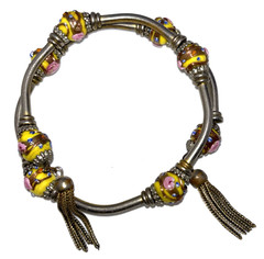 Vintage Silver Tone Expandable Bracelet Murano Wedding Cake Beads and Tassels