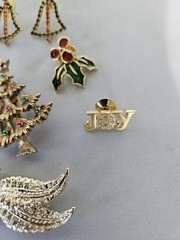 Christmas Brooches Pin Earrings Lot Enamel Avon Gerrys JJ Vtg Holiday Lot Of 19