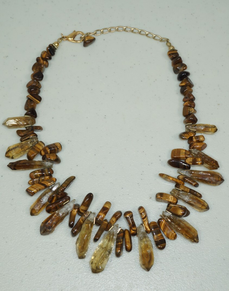 Vintage Chunky Statement Necklace Tigers Eye and Natural Quartz Crystals 19″-22″