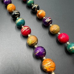 Vintage Wooden Bead Necklace Colorful Hand Painted Gold Accents Boho Artsy 30in