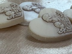 4 Vintage Heart Cameo Cabochons Mother & Child Translucent Ivory Jewelry Lot