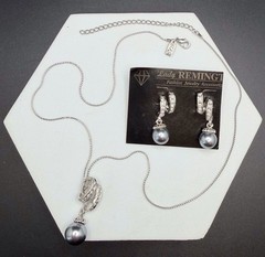 Vintage LADY REMINGTON Pendant Necklace / Post Earrings Set Gray Faux Pearls