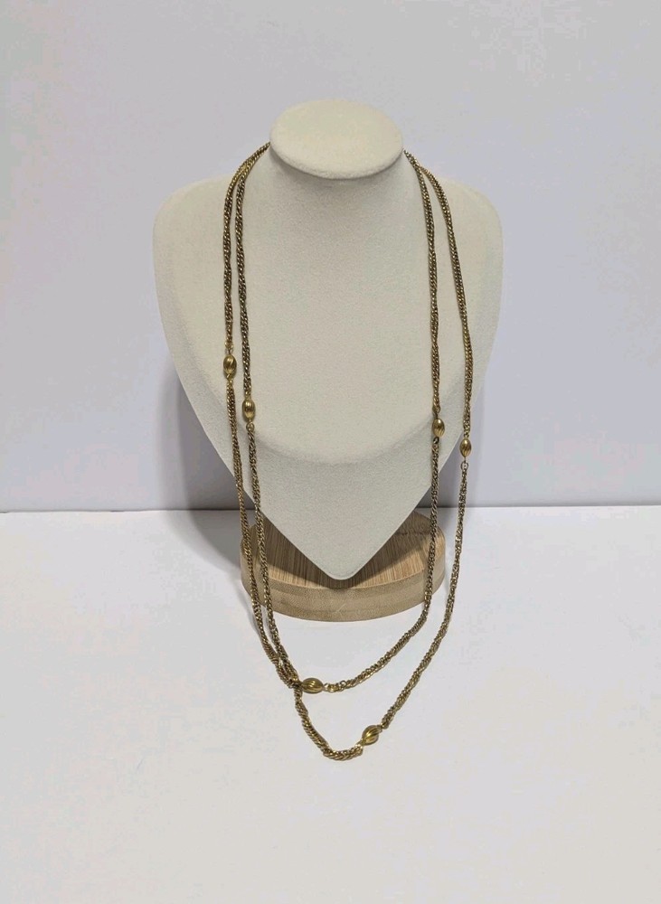 VTG Freirich Gold Tone Chain Necklace With Stationed Oval Metal Beads 54″. FLAW