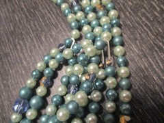 Vintage Glamor Blue Crystal Faux Teal Pearl Bead Chunky Multi Strand Necklace!
