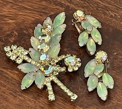 Vintage Delizza Elster Juliana Brooch Earrings Set Green Easter Egg Rhinestone