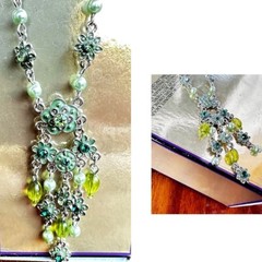Vintage VCLM Chandelier Necklace Crystals Floral 18 inch L 4 inch extender New