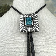 Vintage Silver Pewter Turquoise Chip Inlay Western Bolo Tie Nickel Silver Tips