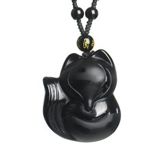 Vintage Exquisite Obsidian Fox Pendant Beaded Chain Necklace Charm Unisex Amulet