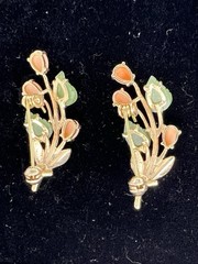 SET Vintage “SWOBODA” Coral Flowers & Jade Leafs Gold Plated Brooch Pin