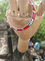 2 Vintage Hinged Bangle Bracelets with Red Enamel 1 Gold Tone 1 Silver Tone 80’s