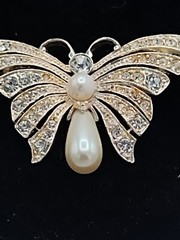 Vintage Butterfly Brooch Faux Pearl and Rhinestone Open Work Design.Silver Tone