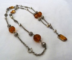 ANTIQUE VINTAGE ART DECO CZECH BEZEL-SET CITRINE GLASS FAUX PEARL BEADS NECKLACE