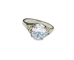 Oval 10mm Cubic Zirconia Solitaire Ring Sz 7 Silver Tone Filigree Engagement EUC