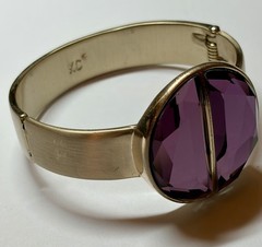 Vintage KC Gold Tone Hinged Cuff Bracelet Purple Faceted Glass Statement