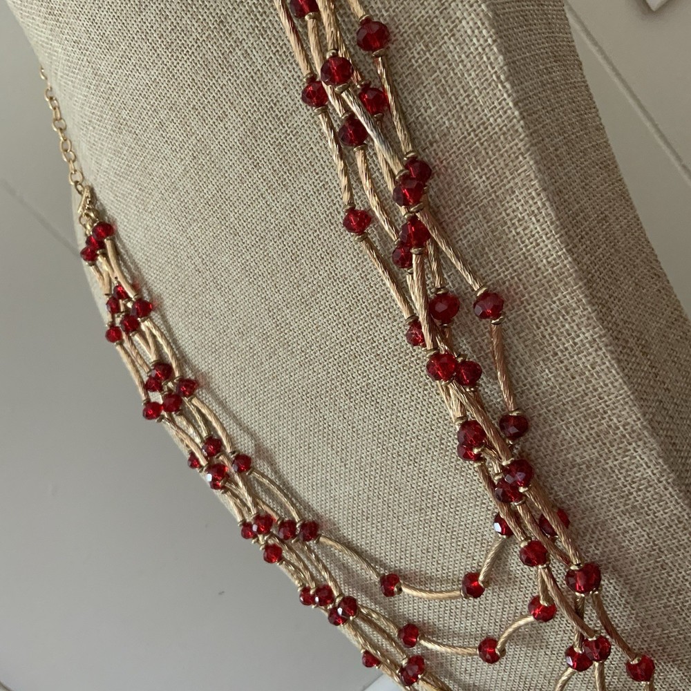 Vintage Red Bead Multi Strand Necklace Gold Tone Bar Link Layered