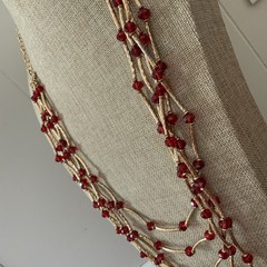 Vintage Red Bead Multi Strand Necklace Gold Tone Bar Link Layered