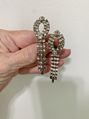 VTG ART DECO CLEAR RHINESTONE SILVER LONG CHANDELIER TASSEL EARRINGS CLIP-ON