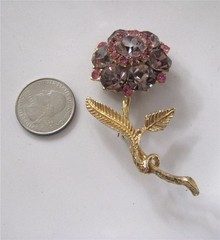 Vintage EdLee Lavender Pink Rhinestone Flower Brooch Pin Gold Plated Dazzling 3″