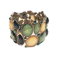 VTG Shades of Green & Yellow Shimmering Faux Opal Stretch Cuff Bracelet 6.5″