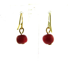Vintage Genuine Red Coral Bead Dangle Earrings 925 Silver Plate 8mm .75 inch