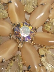 Vintage Creamy Beige Moonstone & Yellow Marquise /AB Rhinestone Brooch 1960’s