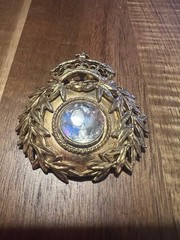 Vintage Gold Crown Laurel Wreath Brooch w Lg Faceted Glass Centerpiece #military