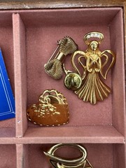 Vintage Gold Tone Jewelry Lot Filled Wood Jewelry Box Necklaces Brooches Gift