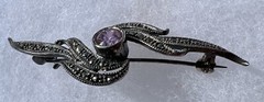 Vintage Pink Amethyst Markasite + .925 Sterling Silver Pin Brooch 2.25”