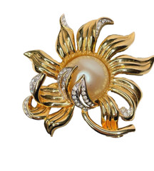 Joan Rivers Crystal & Gold Tone Sunflower Brooch Pin Signed Retired Vintage