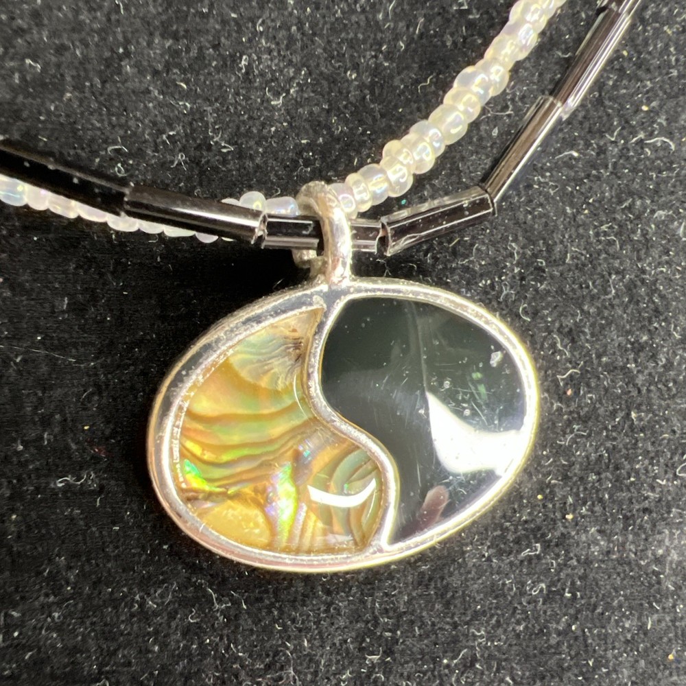 Vintage Kimberly Creations KC Yin Yang Abalone Shell Black Onyx Look Pendant