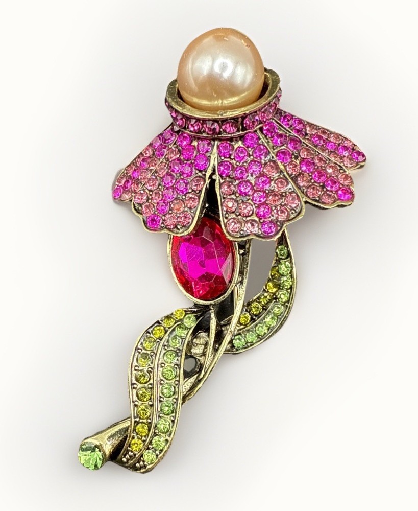 Pink Flower Rhinestone Brooch Pin J26