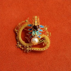 Chinese Cloisonne Brooch Dragon Pearl Filigree Silver Gold Plated Vintage Pin