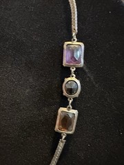 Vtg Silver Toned Herringbone Necklace Orange Burgundy Purple Rhinestones Korea