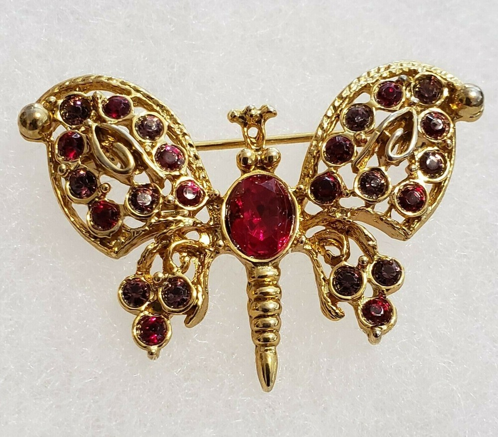Vintage Signed LIA Designer Butterfuly Brooch Pin w Red Rhinestones Secure Clasp