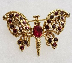 Vintage Signed LIA Designer Butterfuly Brooch Pin w Red Rhinestones Secure Clasp