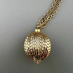 Vintage Ball Necklace Perforated Sphere Pendant Multi Strand Chain Gold Tone 23”