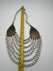 Tribal Bib Necklace White Bone Look Beads Brass Multi Strand Boho Ethnic Vintage