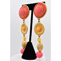 Vintage Statement Dangle Earrings Coral Orange Brushed Gold Beaded Chunky BinBK