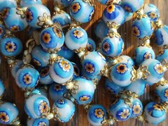 Vintage Murano Millefiori Glass Bead Necklace 28″ Long Venetian Blue Flower