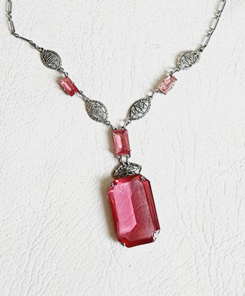 Antique ART DECO Silver Tone PINK CZECH Glass Filigree Necklace