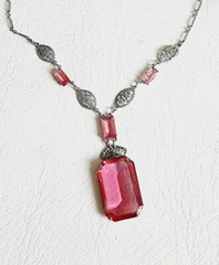 Antique ART DECO Silver Tone PINK CZECH Glass Filigree Necklace