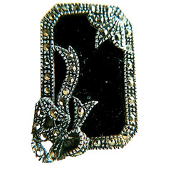 VTG Art Deco Sterling Silver Gold Black Onyx Marcasite Bow Pin Brooch 1.5 in