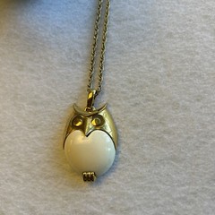 50’60’s Crown TRIFARI Owl Bird Motif Vintage Pendant Necklace Cream Color Gold