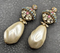 Rare Serbin Massive Royal Cross VTG 80s Faux Pearl Rhinestone Earrings Runway